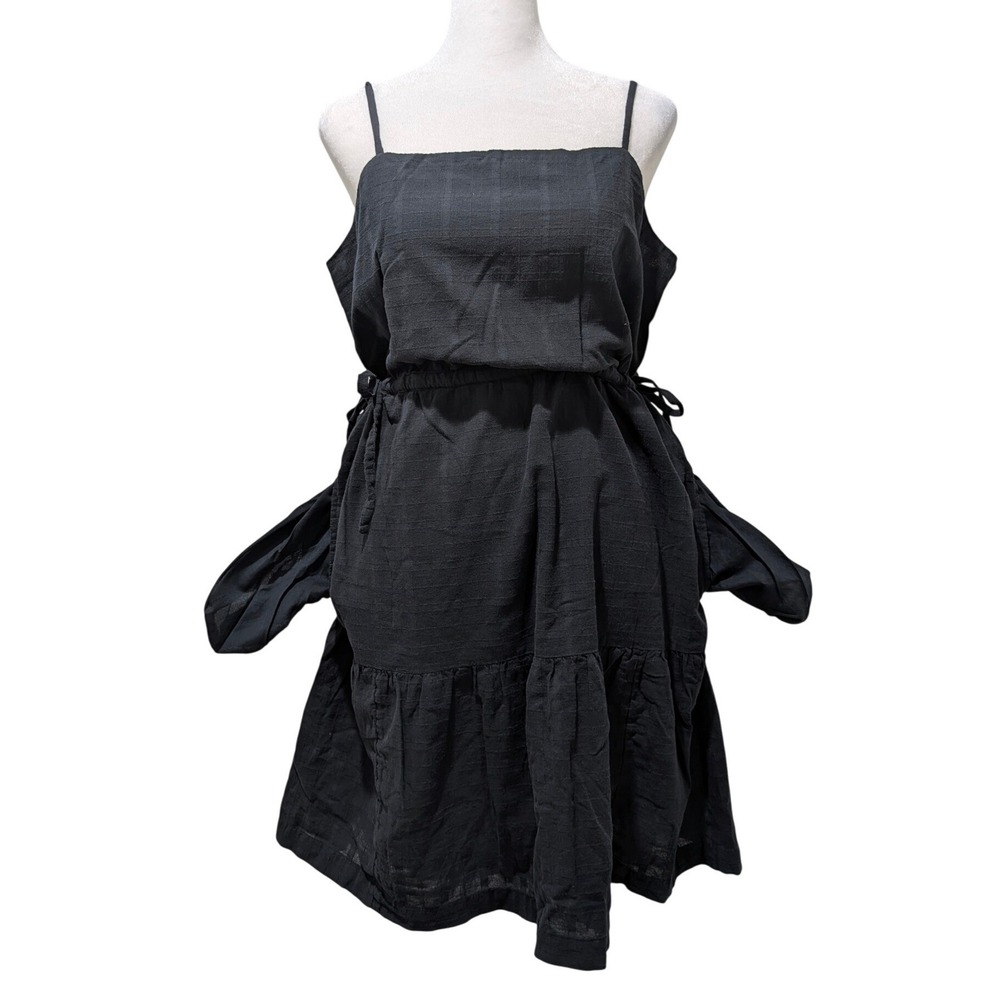 GAP Tiered Mini Dress Black Cotton Square Neck Drawstring Waist Pockets Tall M - Picture 3 of 12